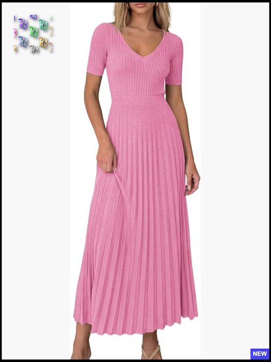 Dresses & Skirts - Ribbed Knit Midi Sweater Dress V-Neck A-Line Pleated Summer Casual